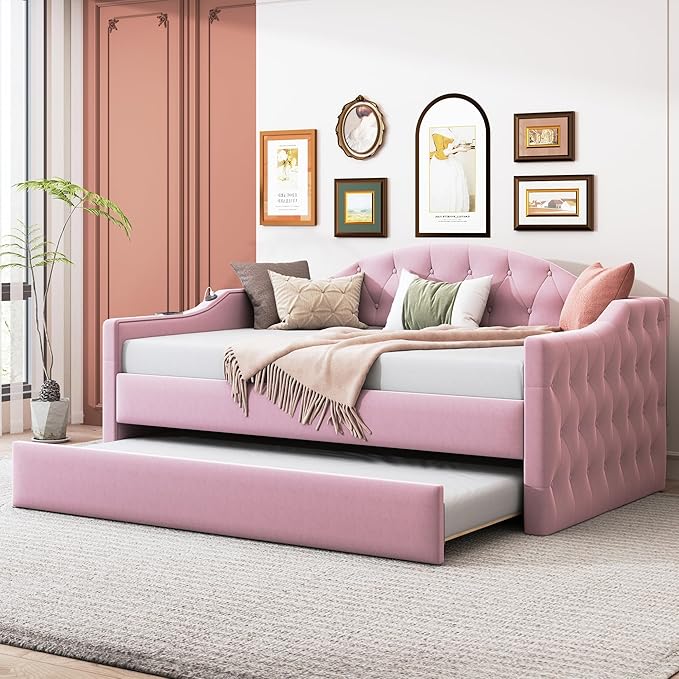 Bellemave Twin Size daybed Frame with Trundle for Adults, Kids, Girls, Teens, Tufted daybeds with Trundle for Living Room, Velvet, (Mattress not Included), Pink