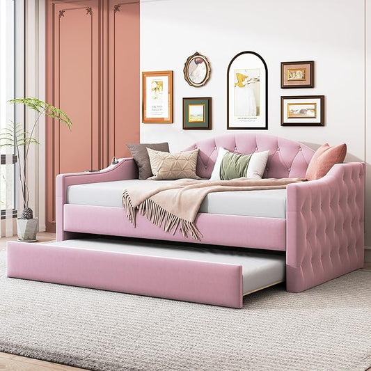 Bellemave Twin Size daybed Frame with Trundle for Adults, Kids, Girls, Teens, Tufted daybeds with Trundle for Living Room, Velvet, (Mattress not Included), Pink