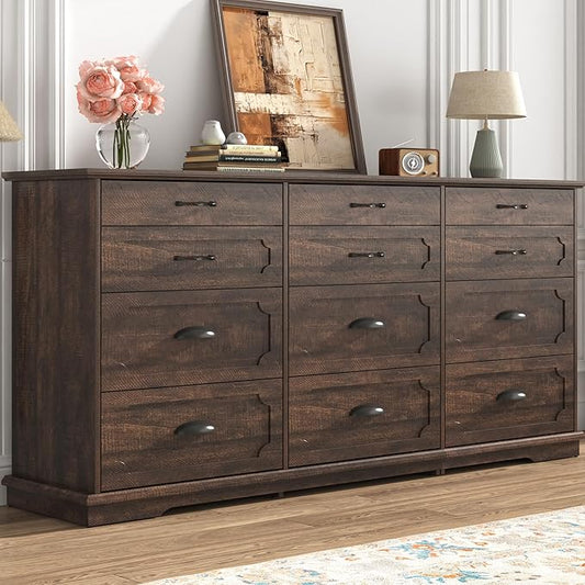 70inch Large Long Dresser w/Charging Station,12 Drawer Dresser w/Deep Big Drawers,Wooden Chest of Drawers w/Power Outlet,White Dressers for Bedroom,Living Room,Entryway,Rustic Brown