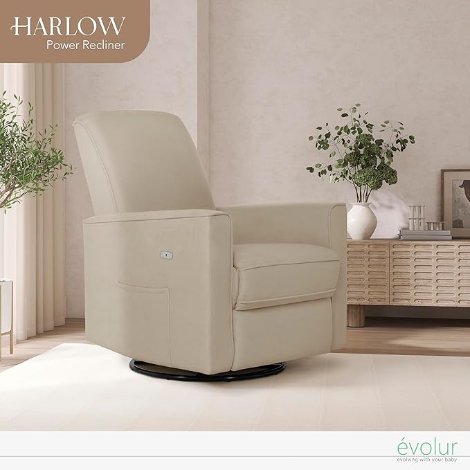 Evolur Harlow Upholstered Power Glider Recliner with USB Charging – Rocking & 360° Swivel with Smooth Glide – Greenguard Gold & FSC Certified – Modern Nursery and Living Room Chair in Fawn