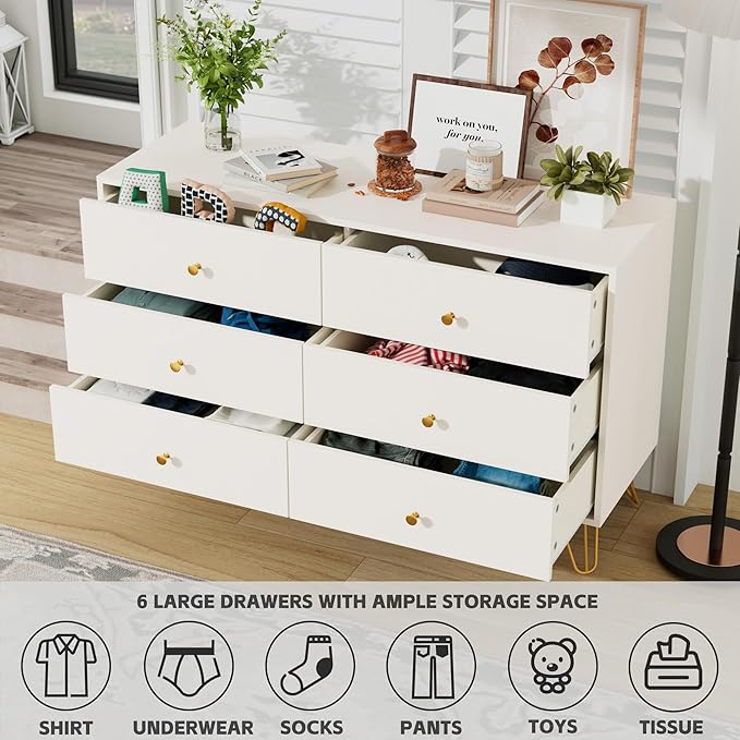 White Dresser for Bedroom, 6 Drawer Dresser with Golden Handles, Large Storage Cabinet, Modern Chest of Drawers Organizer Storage for Hallyway, Entryway