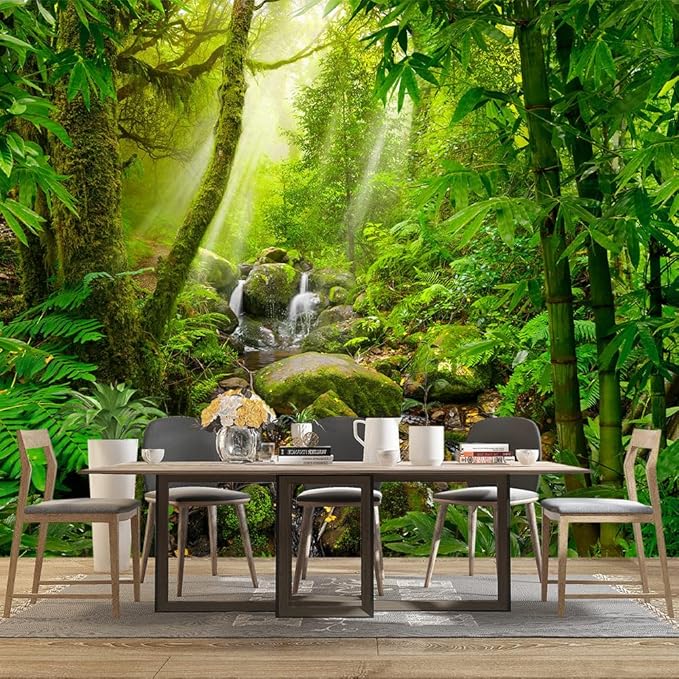 Green Forest Tropical Rainforest wallpeper Living Room Bedroom Nature Jungle Landscape Office Woodland Scenery Tree Wall Mural - 91"x65"（Not Peel and Stick）