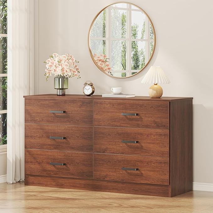 Bigbiglife Wood Dresser for Bedroom, 6 Drawer Double Dresser, Mid Century Modern Chest of Drawers with Deep Drawers, Large Storage Organizer for Living Room, Closet(Walnut Brown)