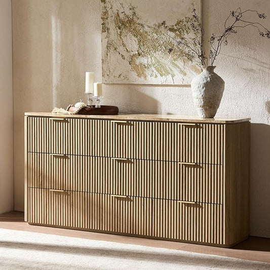 Fluted 9 Drawer Dresser for Bedroom, 63" Wide Modern Chest of Drawers with Faux Marble Top, Curved Corners Design, Wooden Dresser TV Stand with Organizer Storage for Living Room (Natural Oak, 63" W)