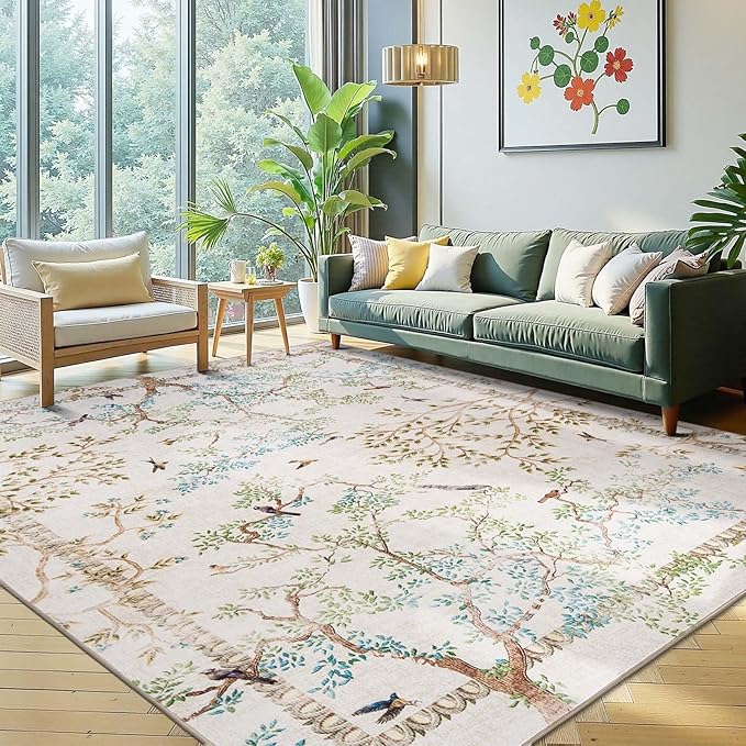 jinchan Yarden Botanical Birds 6x9 Ivory Area Rugs for Living Room Washable Non Slip Soft Nature Plants Modern Kids Carpet Vintage Ultra Thin Low Pile Indoor Rug for Bedroom Nursery Playroom