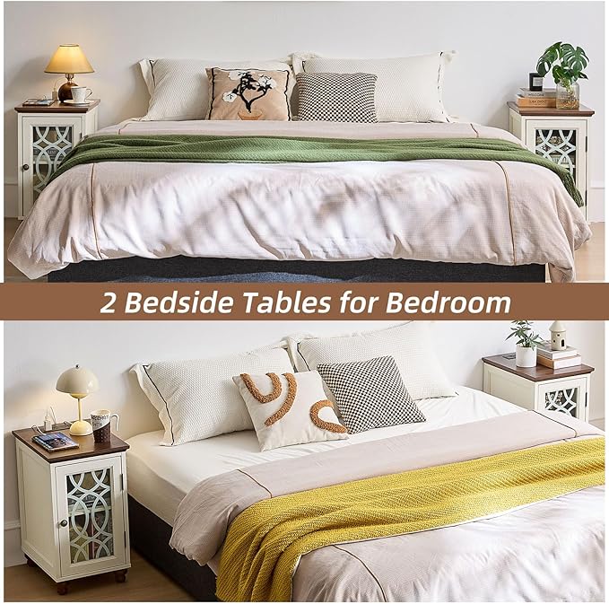Narrow Side Table with Charging Station, Night Stand with Glass Door, Bedside End Tables with Adjustable Shelf Storage Cabinet,Wood Nightstand for Small Spaces Living Room Bedroom