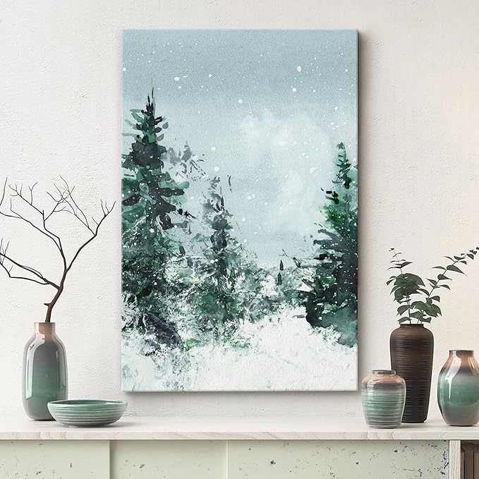SIGNWIN Canvas Print Wall Art Woodland Nursery Decor Winter Snow Watercolor Pine Tree Forest Nature Illustrations Modern Art Landscape Colorful for Living Room, Bedroom, Office - 24"x36"