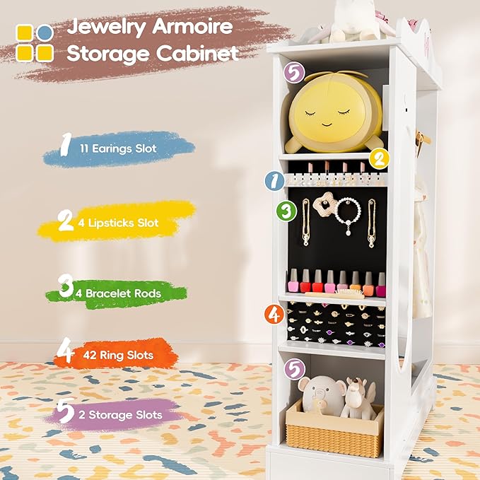 Kids Armoire with Jewelry Cabinet, Kids Dress Up Storage with Shelves, Girls Wardrode Costume Organizer with Full Length Mirror, Children Closet with Armoire for Bedroom, Kids Room, Girls