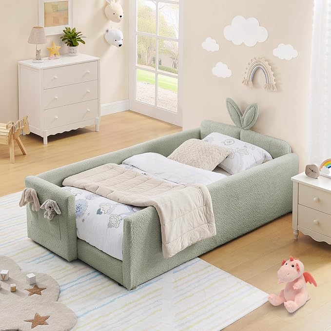 Twin Size Kids Bed with Rabbit Ear Headboard, Upholstered Boucle Fabric Twin Daybed with Slats Support & Side Pockets, Space-Saving Wooden Corner Sofa Couch Bed Frame, for Girls, Boys, Teenager(Green)