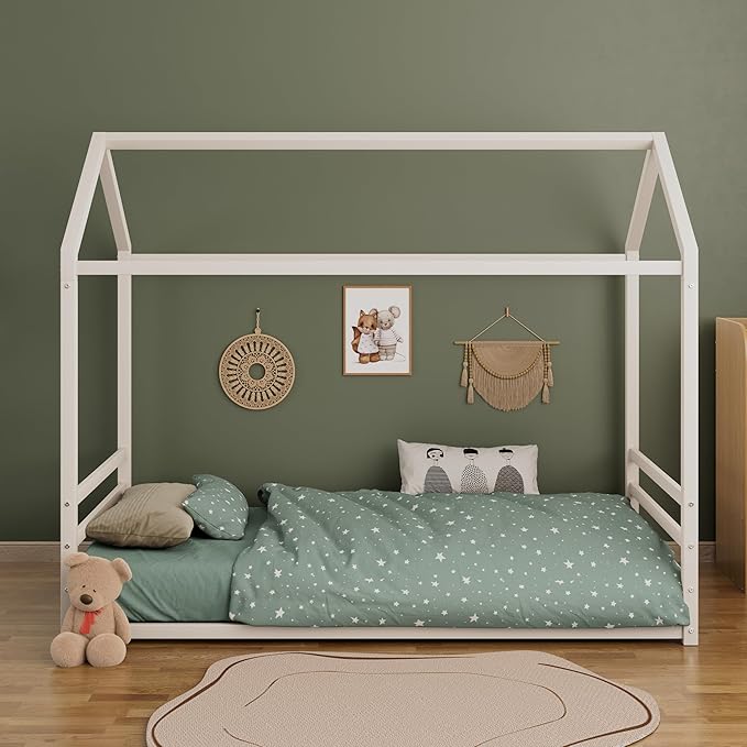 Harper & Bright Designs Twin Size Floor Bed Frame for Kids, House Bed with Roof and Guardrail, Metal Montessroi Floor Bed for Boys Girls, Easy Assemble, No Slats,White