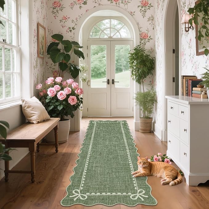 GarveeHome Scalloped Bow Rug for Living Room, Solid Green Rug for Dorm, Washable Runner Rug 2x6 Soft Low Pile Non Slip Scalloped Rugs for Nursery Bedroom Decor Hallway Entryway Playroom