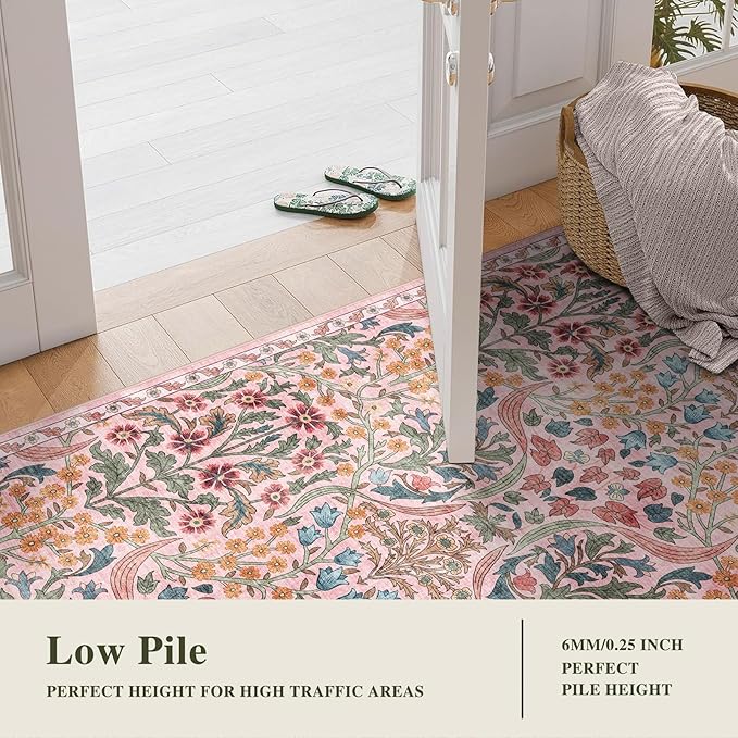 6x9 Washable Area Rug for Living Room, Floral Non-Slip Non-Shedding & Easy Care, Soft Low Pile Botanical Indoor Floor Carpet for Living Room, Bedroom, Farmhouse, Dining Room, Kids Playroom, Pink
