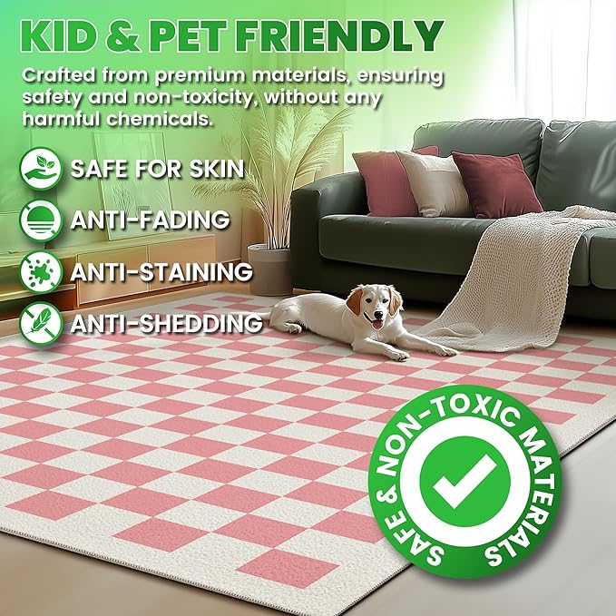 Washable Checkered Rug, 5x7 Pink Checkerboard Modern Foldable Large Area Rugs for Living Room, Low Pile Ultra-Thin Non-Slip Indoor Doormat Carpet for Office Bedroom Playroom Classroom Dorm