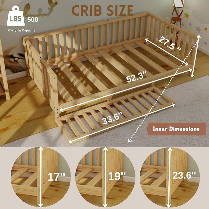Montessori Floor Bed Designed with Open Front for Girls and Boys | Pine Wood Natural Solid Frame Beds Footed Model with Slats | Sturdy Designed Floor Bed Frame for Kids (Crib, Height : 23 Inches)