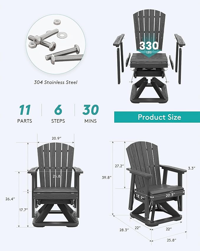SERWALL Adirondack Swivel Glider Chair, HDPE Swivel Glider Set of 4 for Outdoor, All-Weather Glider Chair for Porch, Balcony, Slate Grey