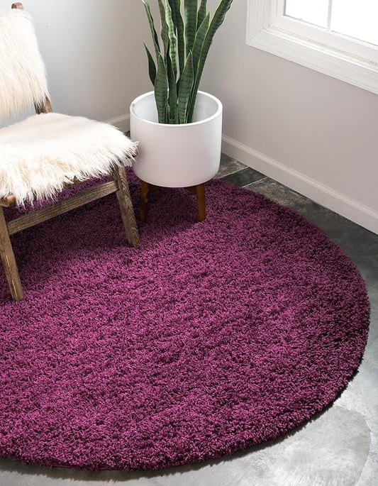Unique Loom Solid Shag Collection Area Rug (6' 1" Round, Eggplant Purple)