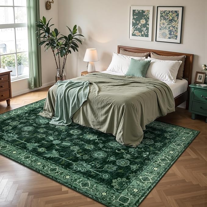 Tangsoo Washable Area Rug 3x5 Non Slip, Boho Distressed Vintage Green Floral Throw Rug for Bedroom Entryway, Soft Low Pile Floor Carpet Indoor Mat for Entrance Bedside Kitchen Nursery Office Farmhouse