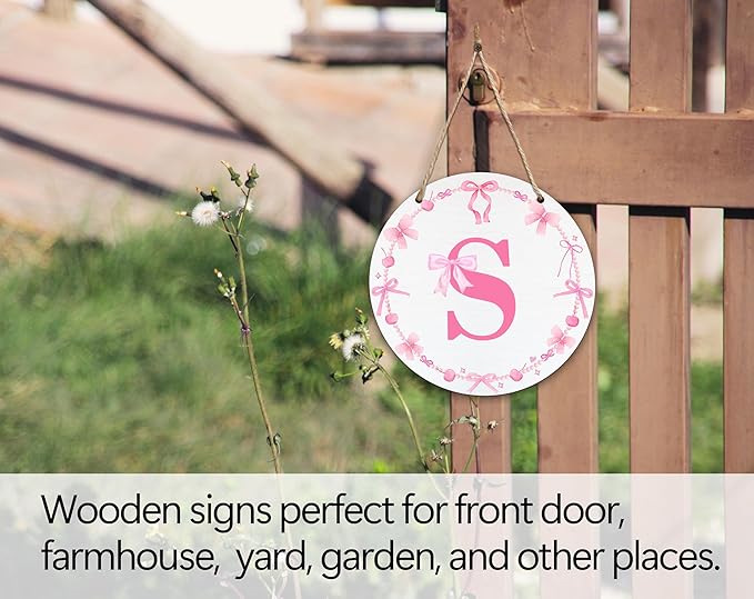 Monogram Round Sign For Front Door, Cherry Bow Theme Sign For Porch Art Wall Door, Initial Signs Hanging Ornament For Indoor Outdoor, Decorations Gifts For Four Seasons Rustic Home Kitchen, S, A19