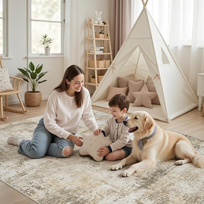Washable Rug 6x9 Area Rugs: Soft Large Living Room Rug with Anti-Slip Backing Non-Shedding Stain-Resistant Modern Abstract Carpet for Bedroom Dining Room Nursery Home Office Beige Grey
