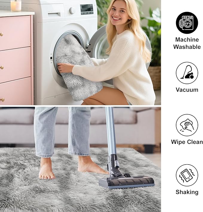 8x10 Area Rugs for Living Room Soft Fluffy Grey and White Rug for Bedroom Under Bed Modern Plush Tie Dyed Gray Shag Carpets Furry Playing Mat for Kids Girls Boys Room Playroom Nursery Dorm