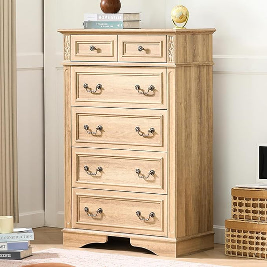 Dresser for Bedroom with 6 Drawers, 48" Tall Natural Dresser for Storage and Organization, Farmhouse Chest of Drawers for Living Room, Closet, Hallway