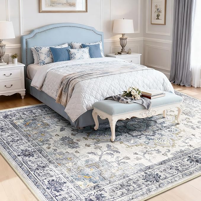 Machine Washable Rugs Nursery Rug 8x10 Cute Girl Non Slip Low Pile Water Repellent Soft Print Pattern for Bedroom Indoor Decor Kids Playroom Bluewhite