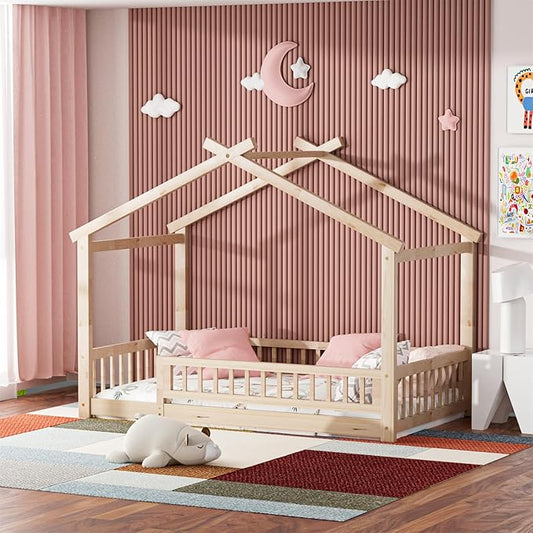 LLS Twin House Bed with Fence, Wooden Montessori Bed with Slats Support, Floor Bed Frame for Boys Girls Bedroom, Natural