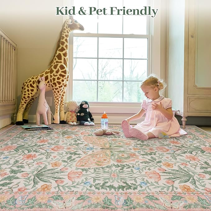 Collive Washable 6x9 Butterfly Area Rug, Pink Boho Floral Rugs for Girls Room, Soft Retro Non Slip Ultra Thin Insect Floor Carpet for Bedroom Living Room Playroom Nursery