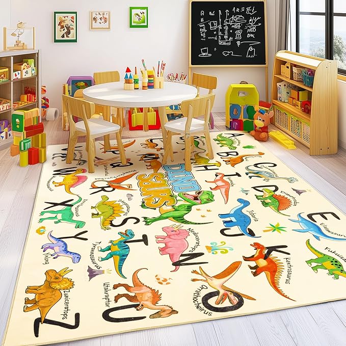Kids Rugs for Playroom, 3x4 Feet Educational Rug for Learn The ABC Alphabet, Soft Machine Washable Non-Slip Cute Dinosaur Carpet for Classroom Toddler Nursery Kids Room Decor Mat, Beige