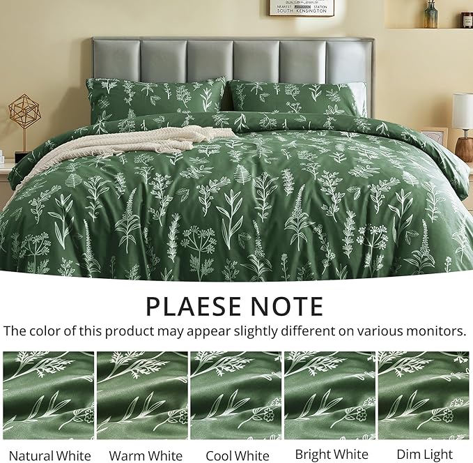 MUXHOMO Duvet Cover King Size, Reversible Floral Dark Green Duvet Cover Set with Zipper Closure, 3 Pieces Botanical Patterns Soft Microfiber Bedding Set (90"x104", 2 Pillow Cases 20"×36")