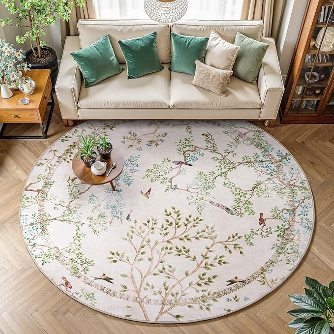 jinchan Yarden Round Rugs 7ft Ivory Botanical Birds Print,Machine Washable 7' Circle Nature Plants Modern Soft Non Slip Kids Throw Area Rugs Ultra Thin Low Pile Carpet for Living Room Bedroom