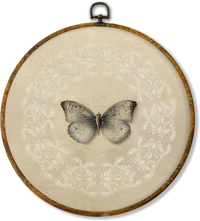 Hiuwevt Vintage Butterfly Round Wall Art Decor, Neutral Moody Butterfly Botanical Framed Canvas Prints, Retro Moth Round Wall Hanging Decor for Home Bedroom Living Room Decorations, 10x10 Inches