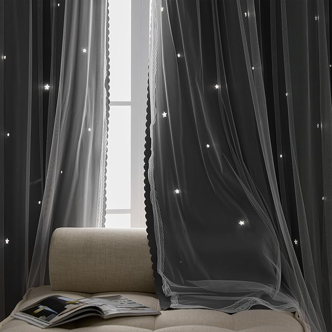 XiDi Star Curtains for Bedroom, Girls & Kids Room Decor, Unicorn & Blackout Curtains 84" Long 2 Panel Grey