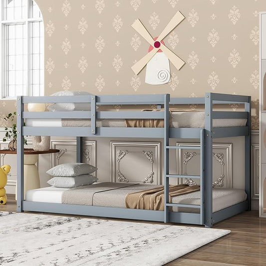 Bunk Bed Twin Over Twin, Wood Low Profile Floor Twin Bunk Beds with Ladder Guardrails for Kids Boys and Girls, No Box Spring Needed