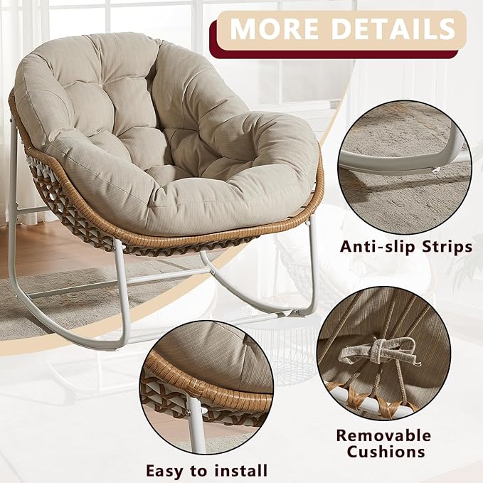 Oversized Outdoor Papasan Rocking Chair Set of 2 with Soft Cushion, Comfy Patio Egg Chair, Wicker Lounge Rocker for Balcony/Porch/Garden, Reinforced All Weather Rattan Frame, Beige and White