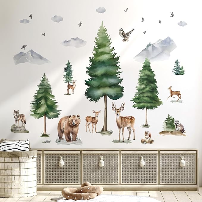 wondever Large Mountain Tree Wall Stickers Pine Tree Woodland Animal Deer Bear Peel and Stick Wall Art Decals for Kids Room Baby Nursery Bedroom