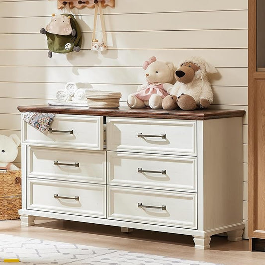Farmhouse 6 Drawer Dresser for Bedroom, 54 inch Wide Large Vintage Chest of Drawers with Square Solid Wood Legs, Rustic TV Stand for Living Room, Wooden Storage Dressers for Hallway, White