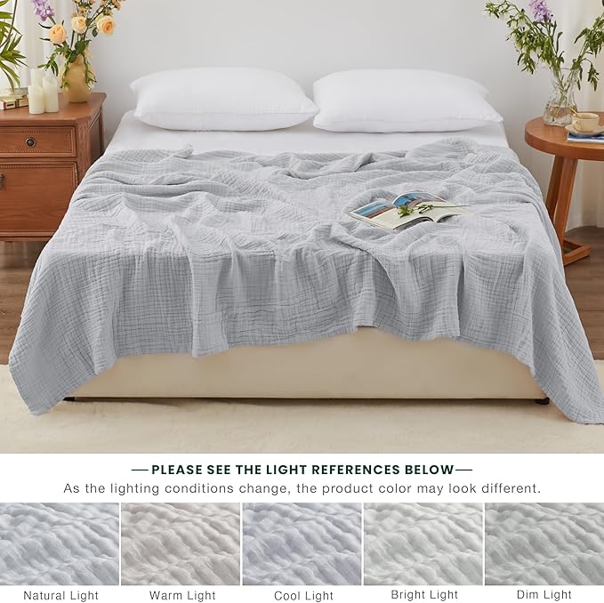 Love's cabin 6 Layer 100% Cotton Muslin Blanket, 108"x90" Muslin King Size Blanket for Bed Couch, Lightweight and Breathable Cotton Gauze, Light Grey