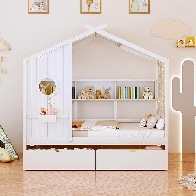 Modern Full Size House Bed with Roof and Window, Wooden Daybed Frame with Shelves and 2 Drawers,Bedroom Furniture for Girls & Boys (White+2 Drawers*)