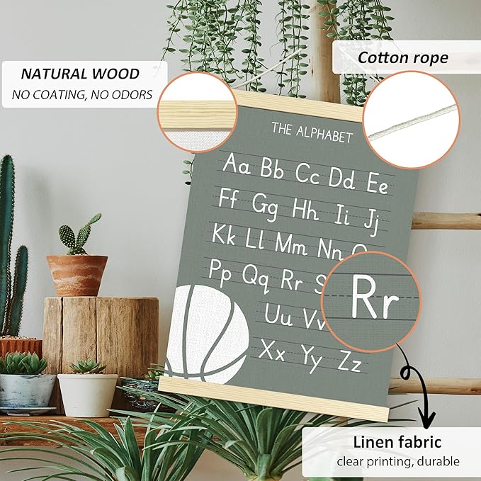 BONETAT Numbers alphabet poster for Nursery Toddlers,Correct Letter Formation on Line Paper, Play Room Wall Decor,ABC Wall Chart,Preschool Homeschool Decor Kids Wall Decor,Wooden Alphabet Banner-A10