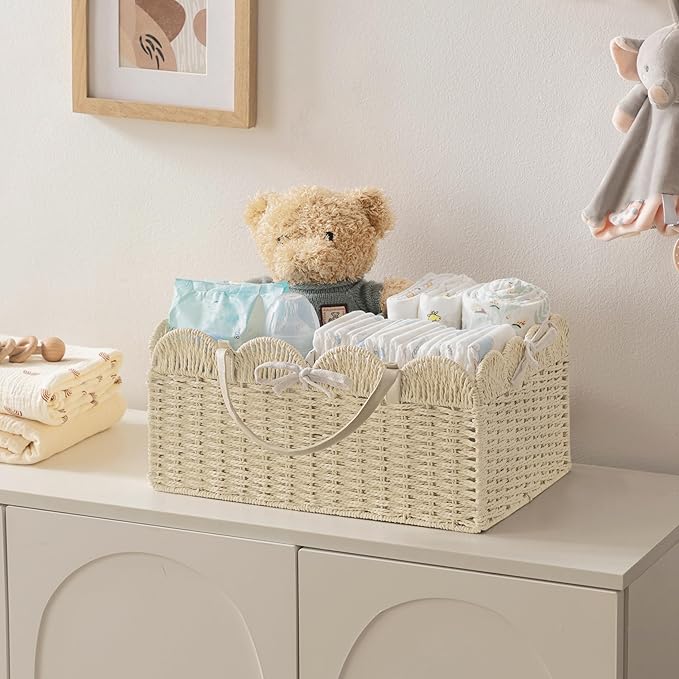 HBlife Large Baby Diaper Caddy, Paper Rope Storage Baskets Nursery Bin with Removable Divider, Portable Car Organizer for Diapers, Baby Shower Gifts, Newborn Essentials Must Haves