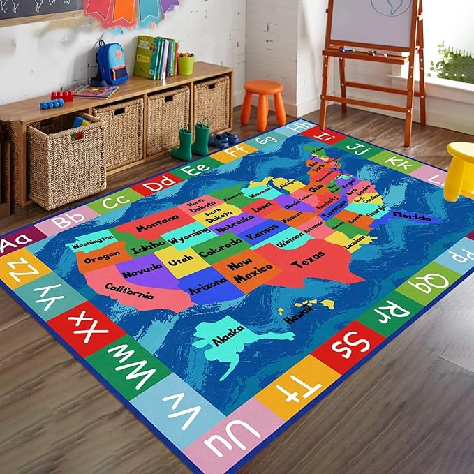 USA Map ABC Kids Rugs for Playroom,4x6ft,Soft Durable Non-Slip Machine Washable Nursery Rug for Preschool Education Toddler Kids Bedroom Large Classroom Children's Carpet Mat