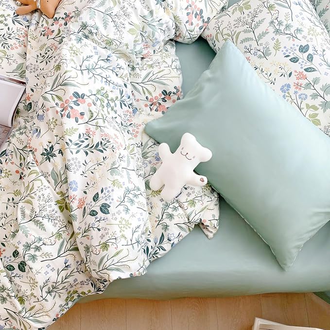 HighBuy Lightweight Duvet Cover Twin Multi Color Flowers Bedding Set Kids Girls Vintage Botanical Chic Cotton Comforter Cover Peach Green Floral Bedding Sets Twin Girls Duvet Cover Set
