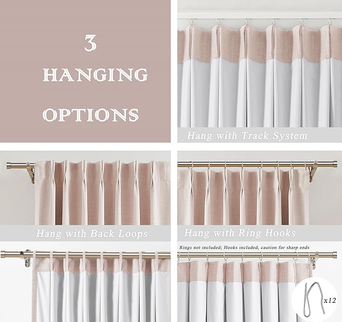 Pink Pinch Pleated Full Blackout Curtains Linen Texture Noise Reducing Window Treatment Panel 102 Inches Long for Living Room Bedroom Thermal Insulated Back Tab Drapes with Hooks, 1 Panel, 60"Wx102"L