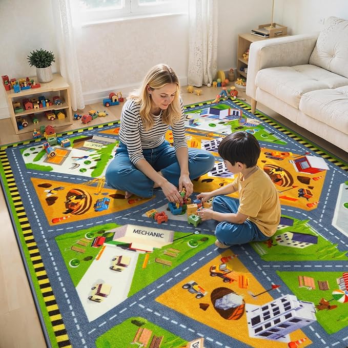 STARUIA Car Rug Play Mat 63"x78", Kids Cars Rug for Playroom Toy Cars Non-Slip City Road Map Kids Rugs for Bedroom Boys, Educational Baby Children Play Mat for Learn and Have Fun