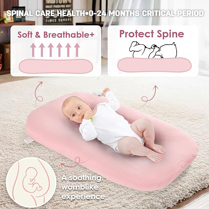 Freejoy Baby Lounger for Newborn, Portable Baby Nest, Soft Cotton Breathable Washable Infant Lounger for Home and Travel (Pink)