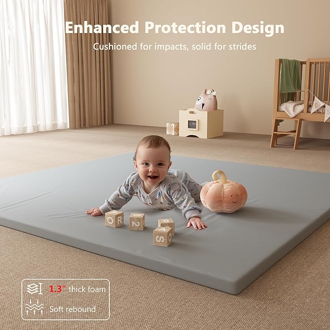 Padded Baby Play Mat, 1.3 Inch Thicken Foam Cushioned & 50 x 50 Waterproof Playpen Mat for Infants and Toddlers, Stylish and Just Wipe-Clean Playmat for Baby Play on Floor, Gray
