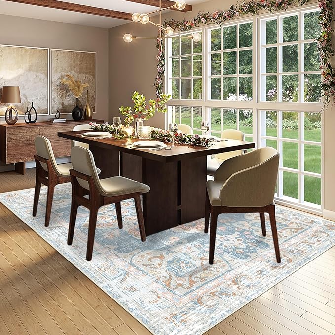 Vhong Washable Area Rugs Boho Vintage Neutral Modern Pale Blue 5x7 Non Slip Carpet for Living Room Dining Room Bedroom