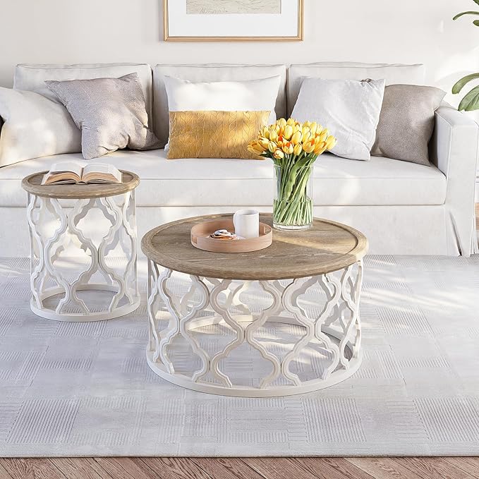 karlott Farmhouse Coffee Table, French Country Round Coffee Table with Distressed Tray Top, Coastal Coffee Table with Curved Motif Frame Base, Boho Coffee Table for Living Room, Dining Room, Bedroom