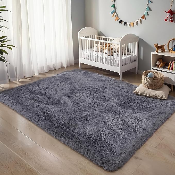 Thick Area Rug Grey Fluffy Shag 5x8 for Bedroom Living Room Washable Plush Fuzzy Carpet for Kids Girls Boys Baby Room Nursery Soft Furry Shaggy Indoor Floor Non Slip Rugs for College Dorm